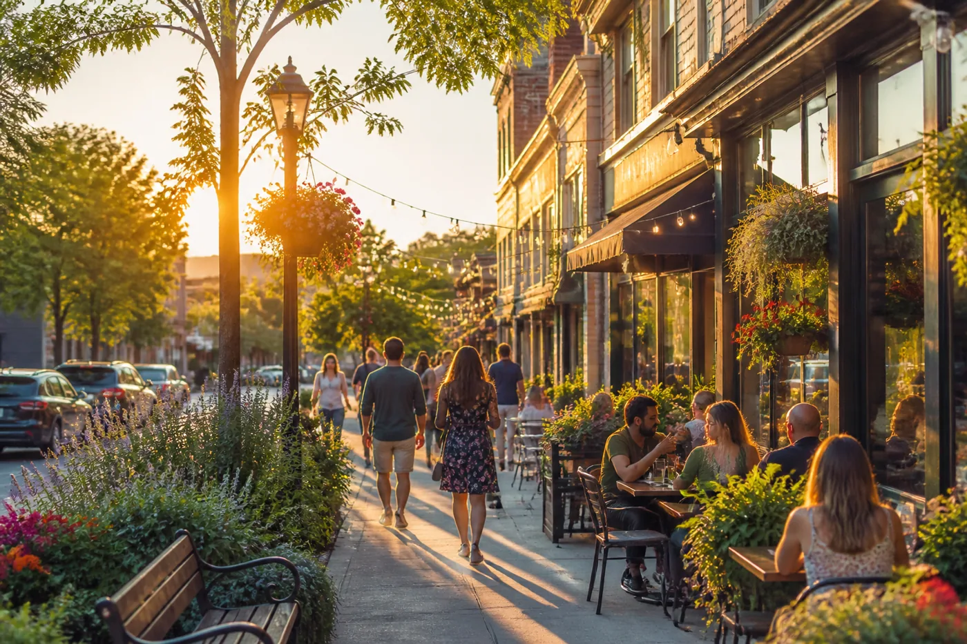 Lively local main street with small shops and cafes at golden hour