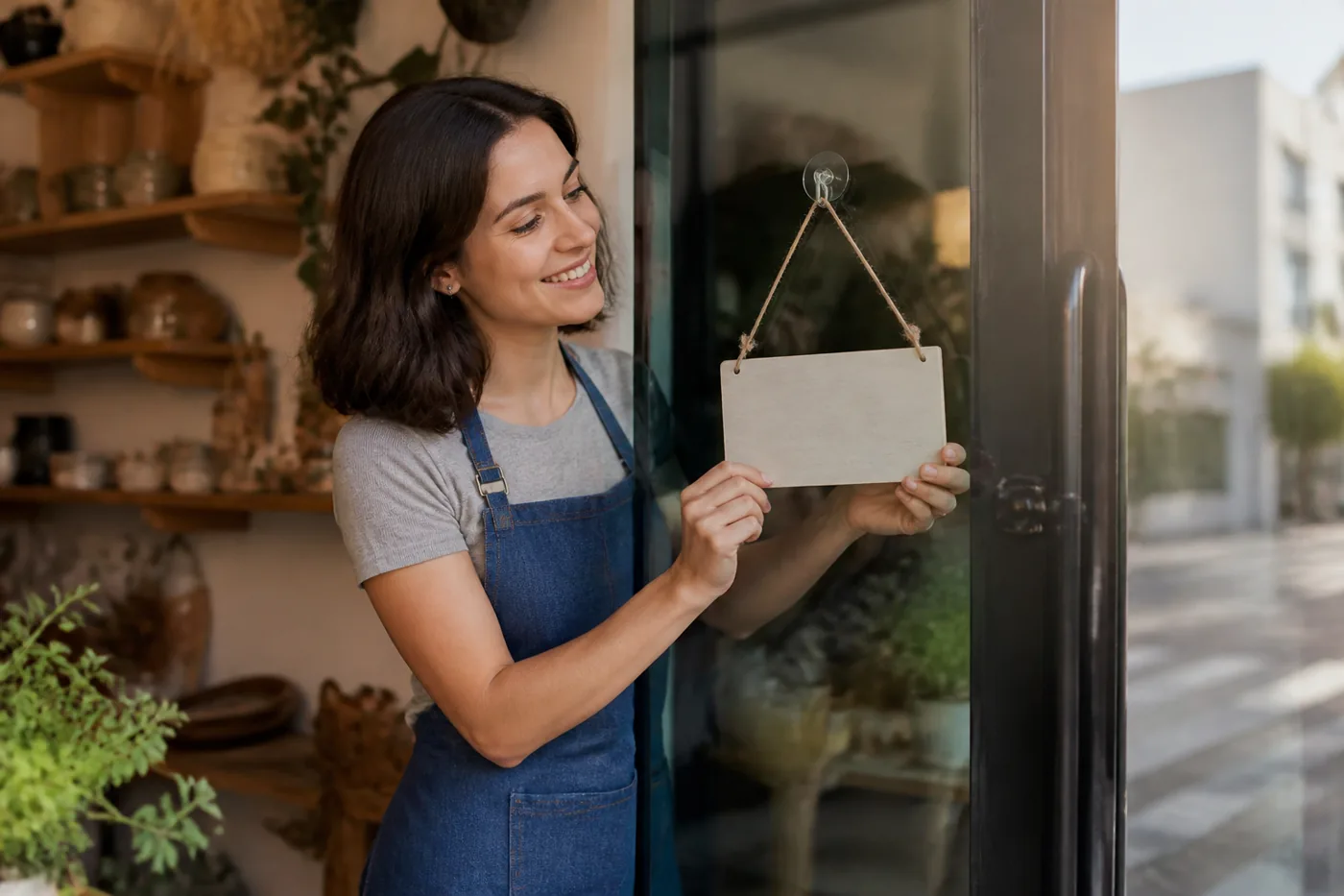 Shop owner opening a boutique in the morning