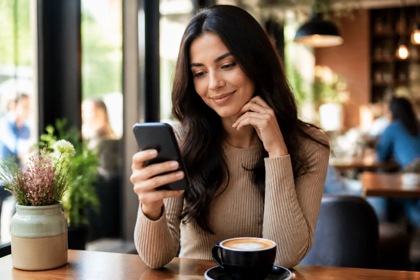 Customer reading reviews on a phone in a cafe